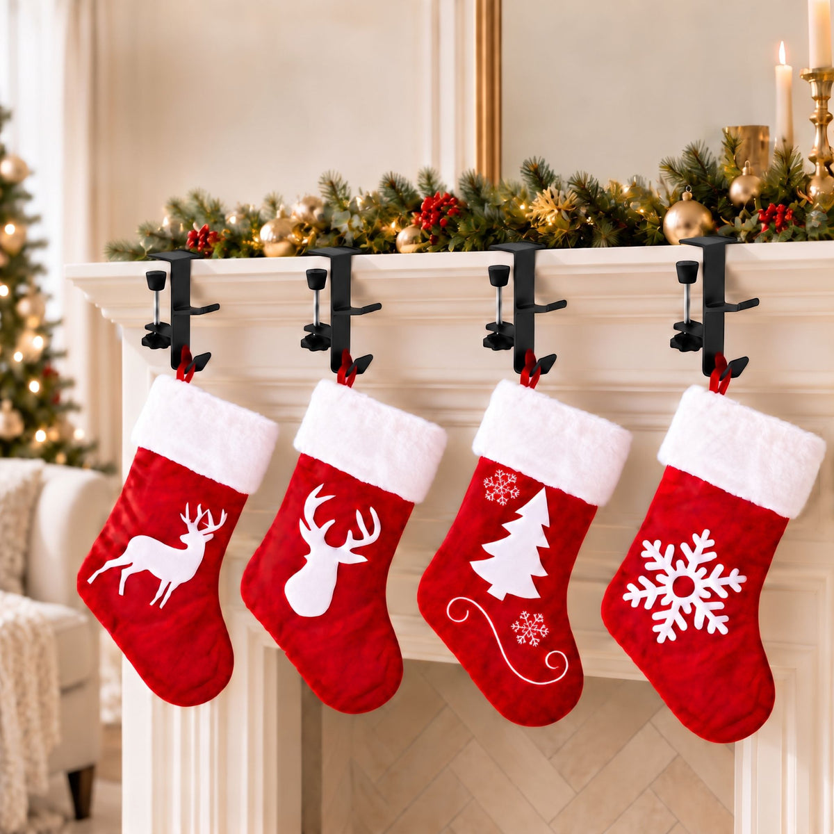 Jingle Jollys 4 Velvet Christmas Stockings 46.5cm & 4 Holders