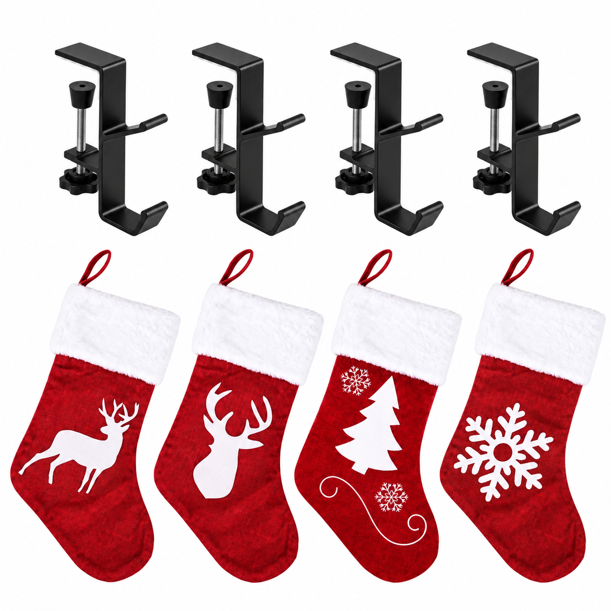Jingle Jollys 4 Velvet Christmas Stockings 46.5cm & 4 Holders