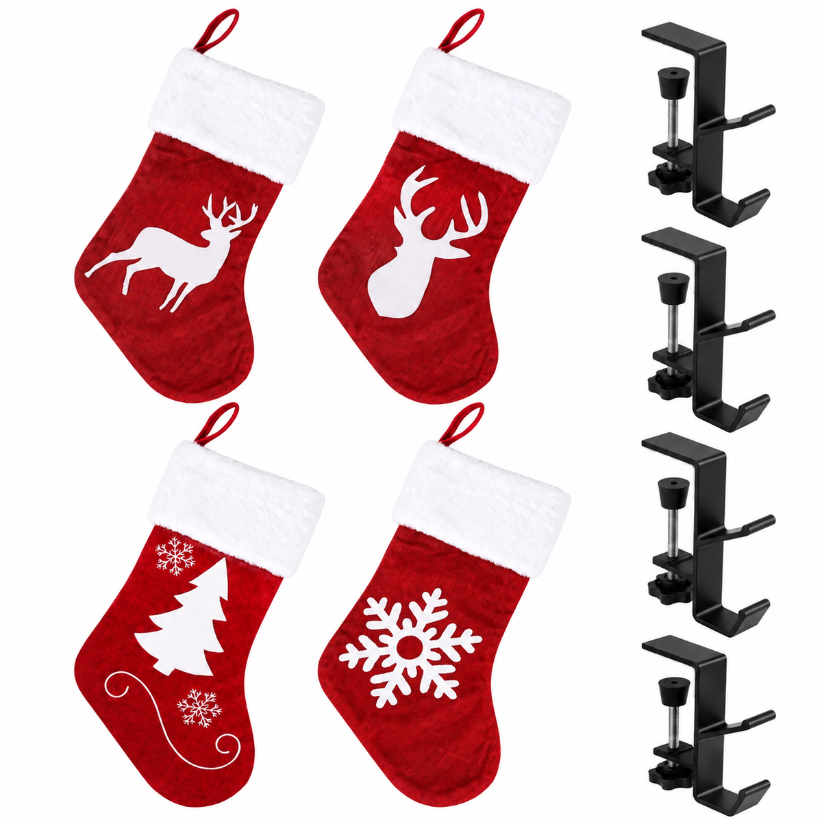 Jingle Jollys 4 Velvet Christmas Stockings 46.5cm & 4 Holders