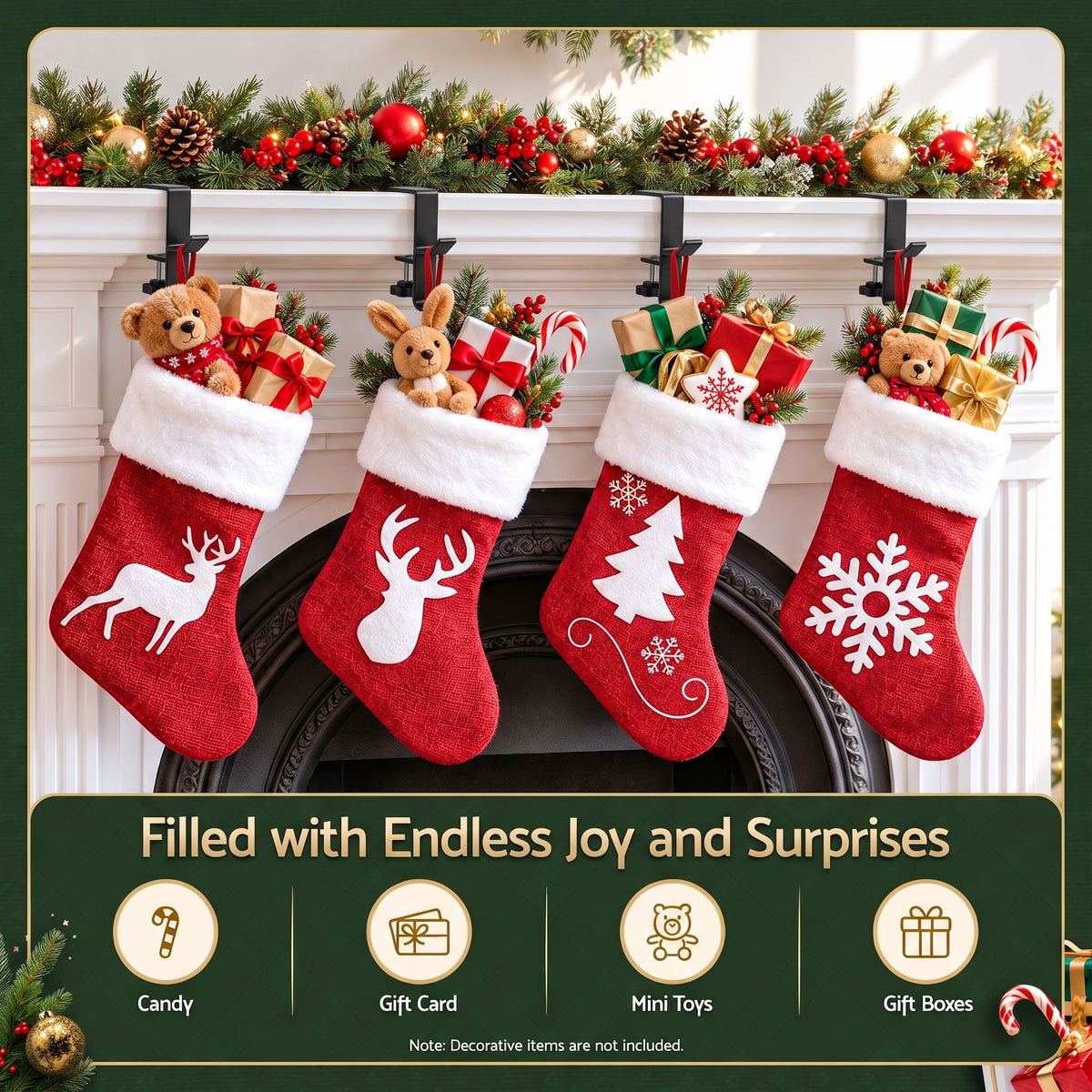 Jingle Jollys 4 Velvet Christmas Stockings 46.5cm & 4 Holders