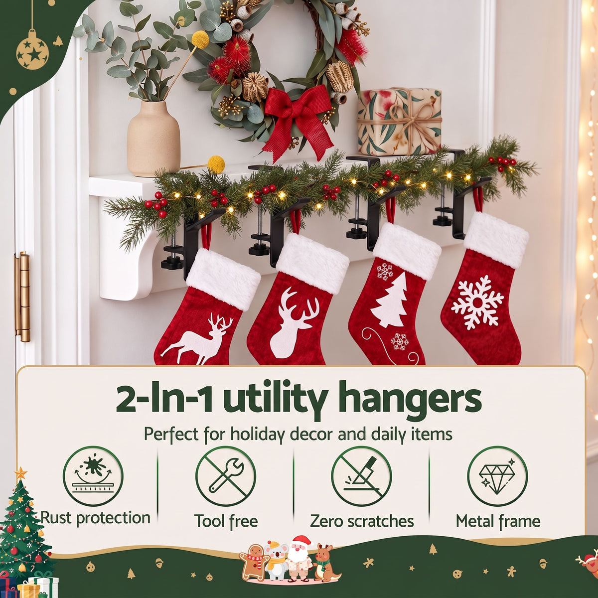 Jingle Jollys 4 Velvet Christmas Stockings 46.5cm & 4 Holders