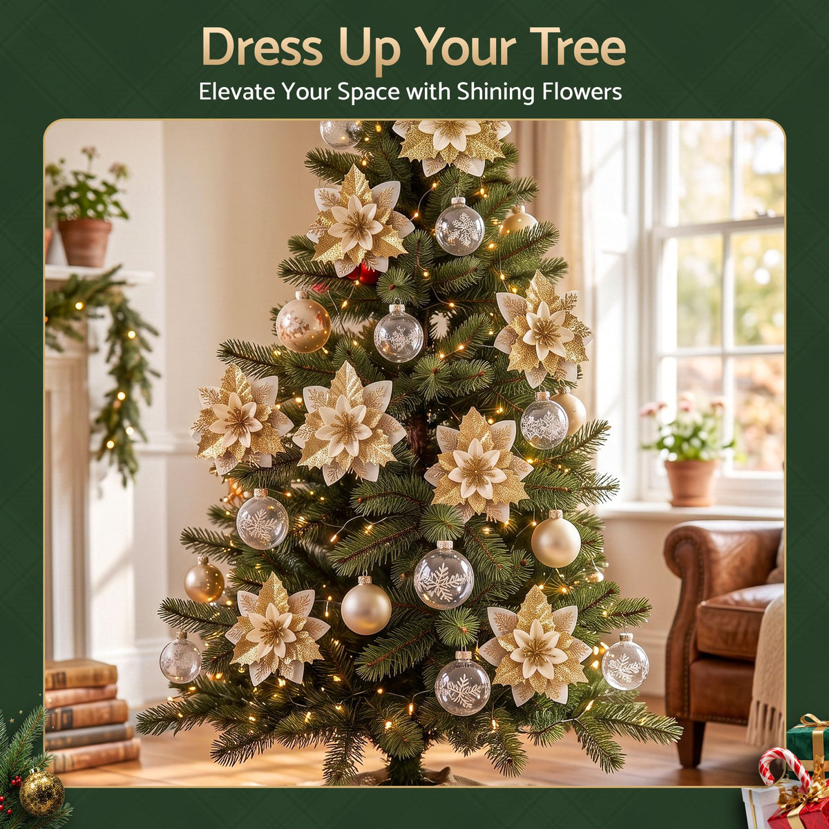 Jingle Jollys Christmas Tree Flower Decorations - 10 Pack