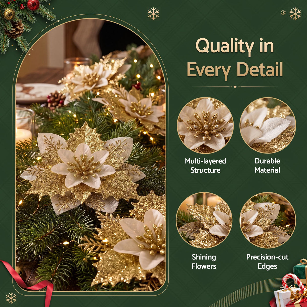 Jingle Jollys Christmas Tree Flower Decorations - 10 Pack