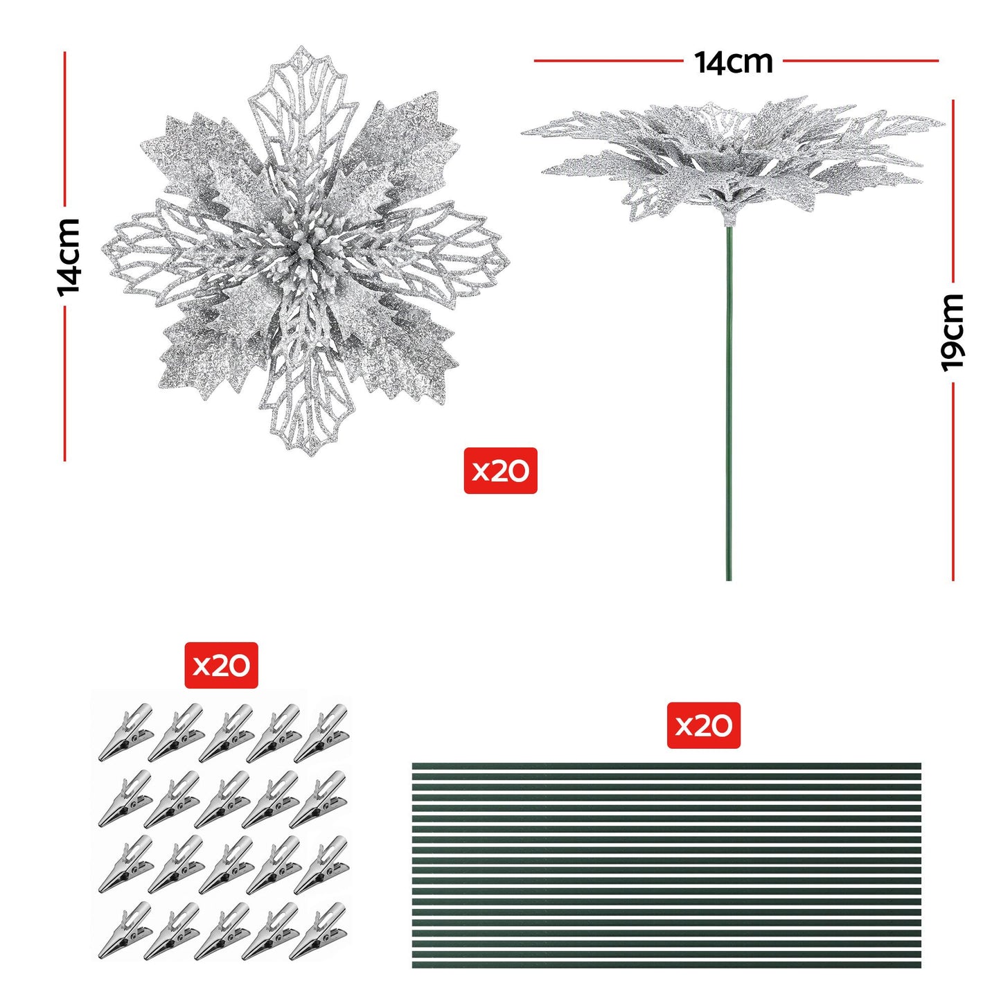 Jingle Jollys Christmas Tree Flower Decorations - 20 Pack