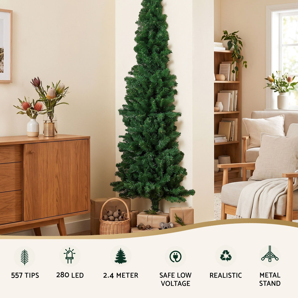 Jingle Jollys Pre-Lit Slim Christmas Tree - 2.4m
