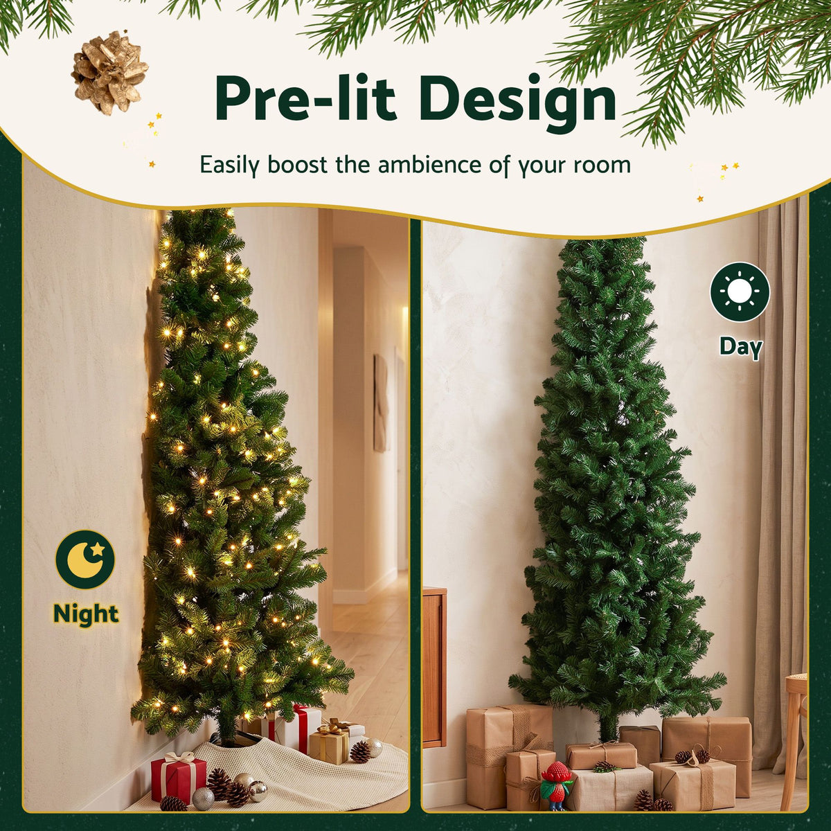 Jingle Jollys Pre-Lit Slim Christmas Tree - 2.4m