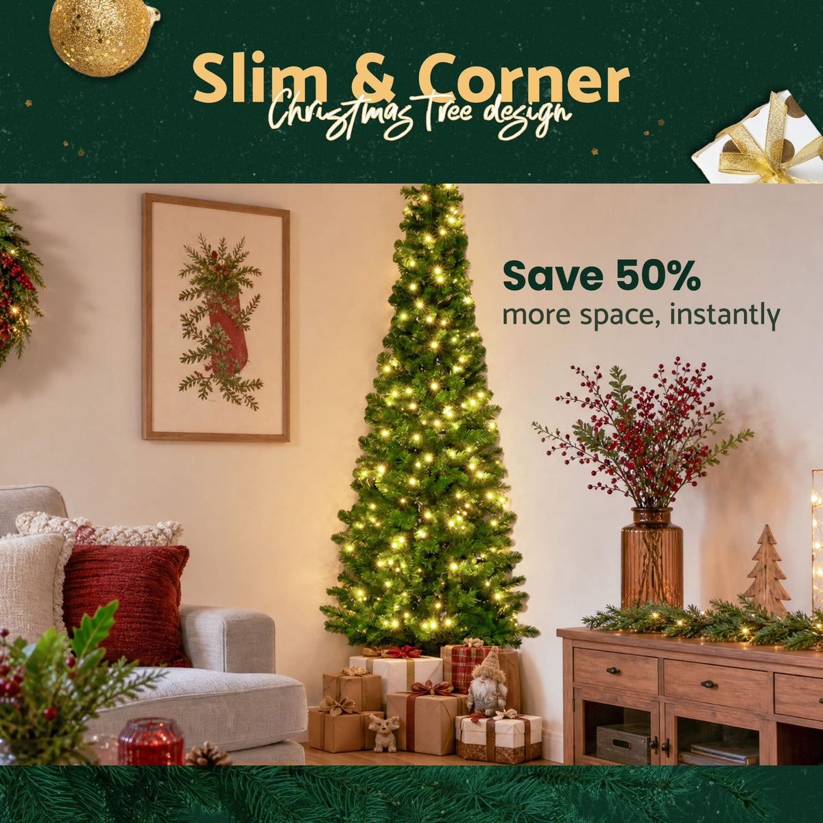 Jingle Jollys Pre-Lit Slim Christmas Tree - 2.4m