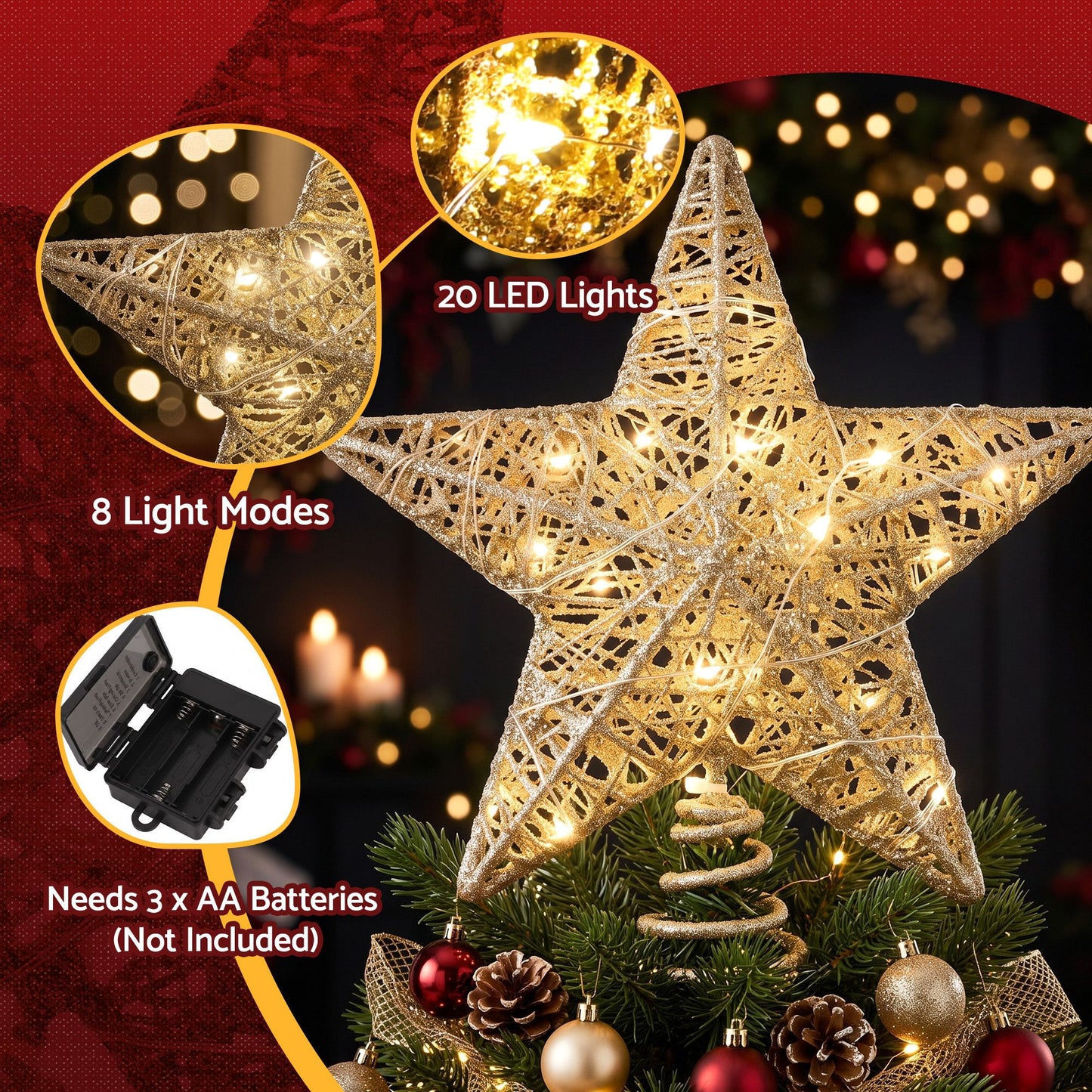 Jingle Jollys 3D Christmas Tree Topper - Star with 20 LEDs