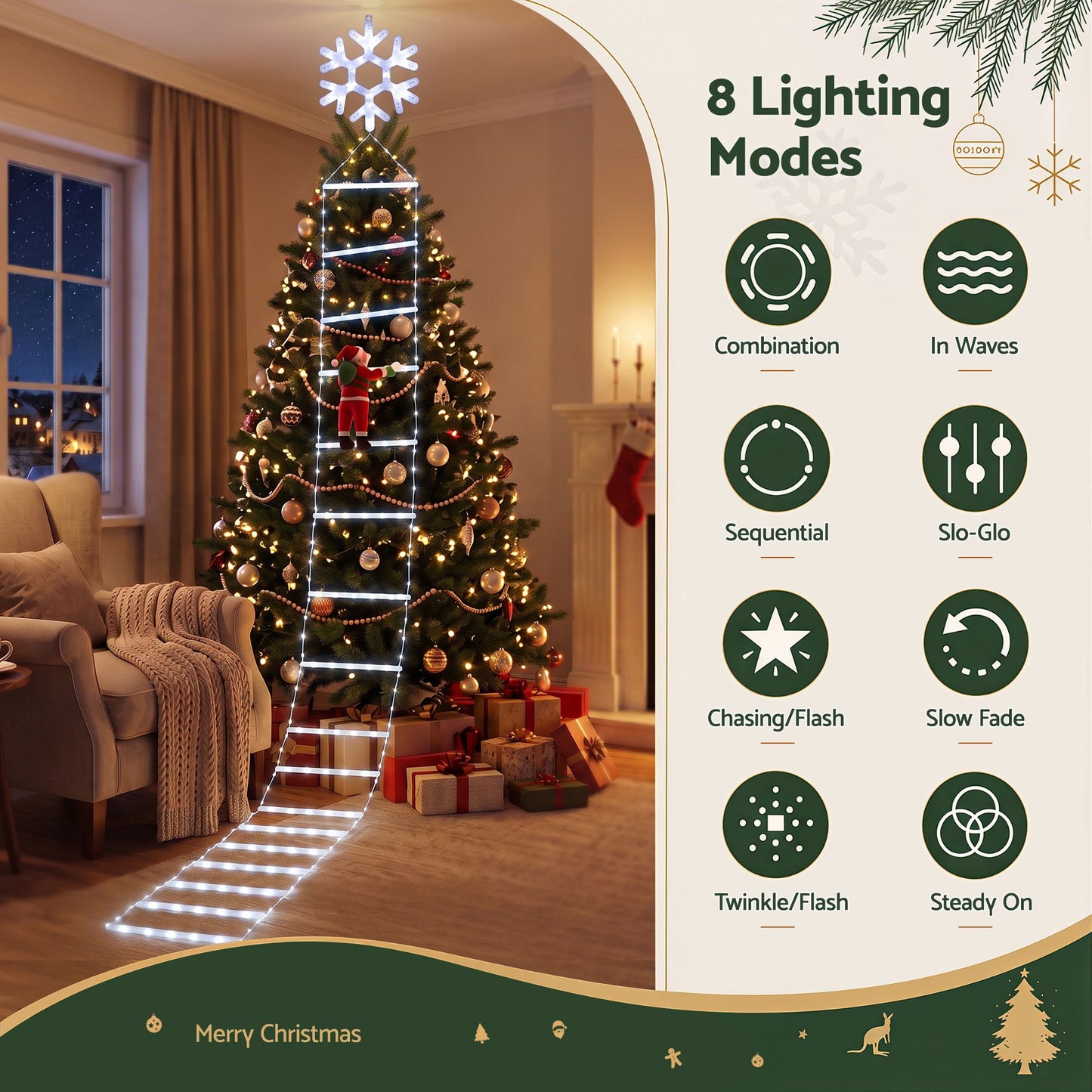 Jingle Jollys Christmas Ladder Lights - 3.4m - Cool White