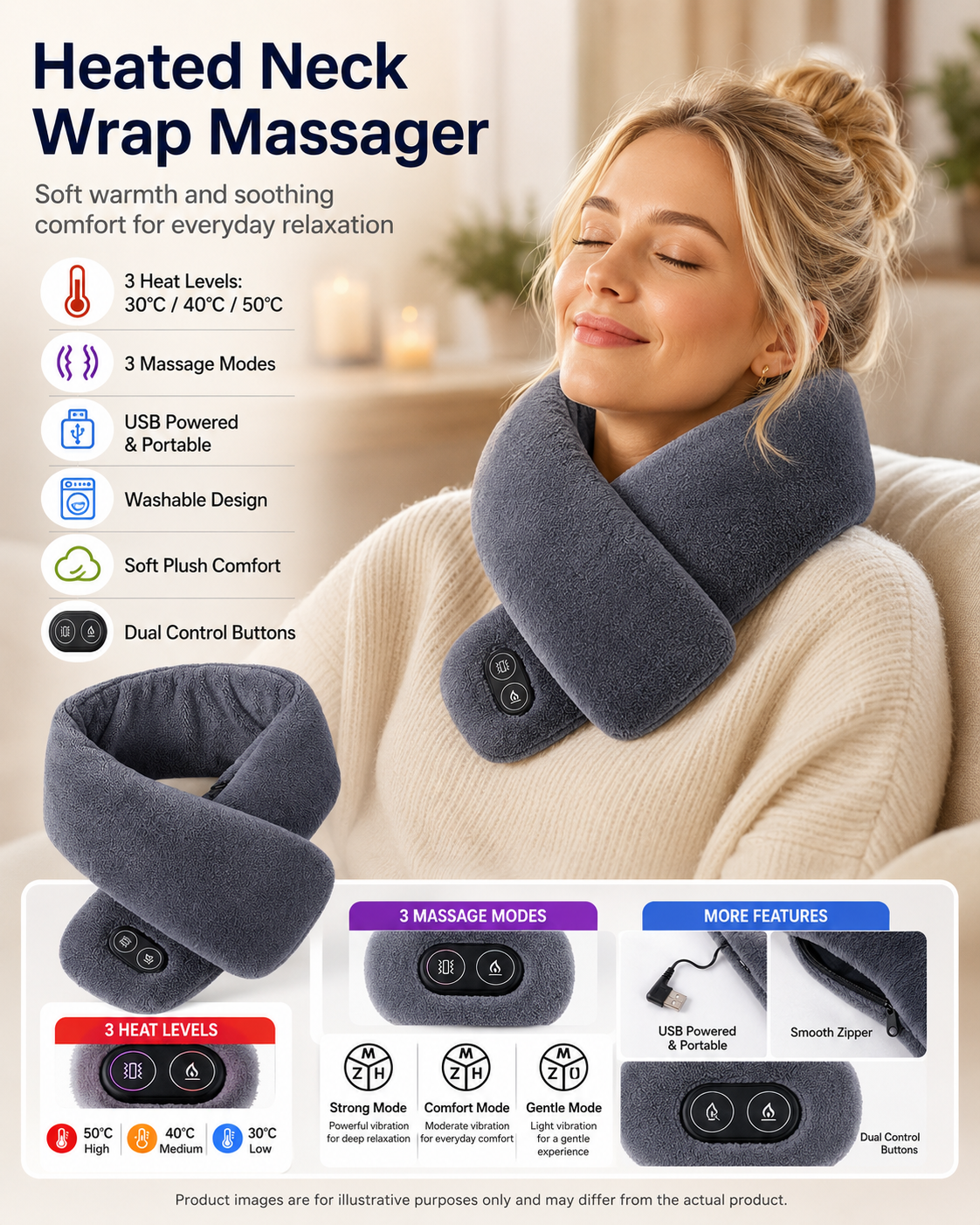 Red Plush USB Heated Massage Neck Scarf with 3 Temp & 3 Vibration Massage Modes