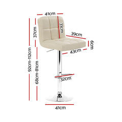 Artiss Set of 2 PU Leather Gas Lift Bar Stools - Beige with Checkered Backrest and 360° Swivel Seat for Ultimate Comfort