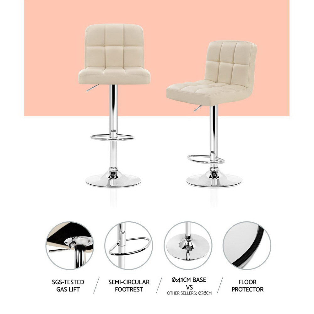 Artiss Set of 2 PU Leather Gas Lift Bar Stools - Beige with Checkered Backrest and 360° Swivel Seat for Ultimate Comfort
