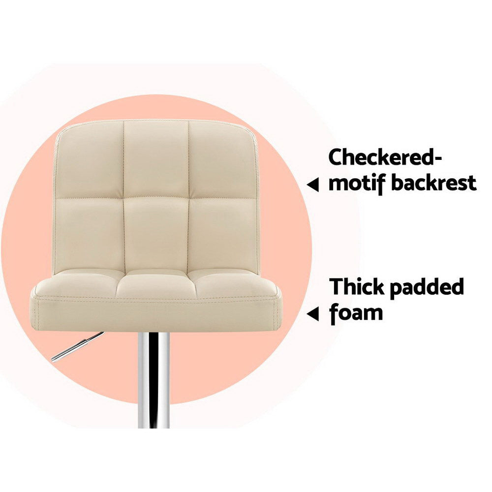 Artiss Set of 2 PU Leather Gas Lift Bar Stools - Beige with Checkered Backrest and 360° Swivel Seat for Ultimate Comfort